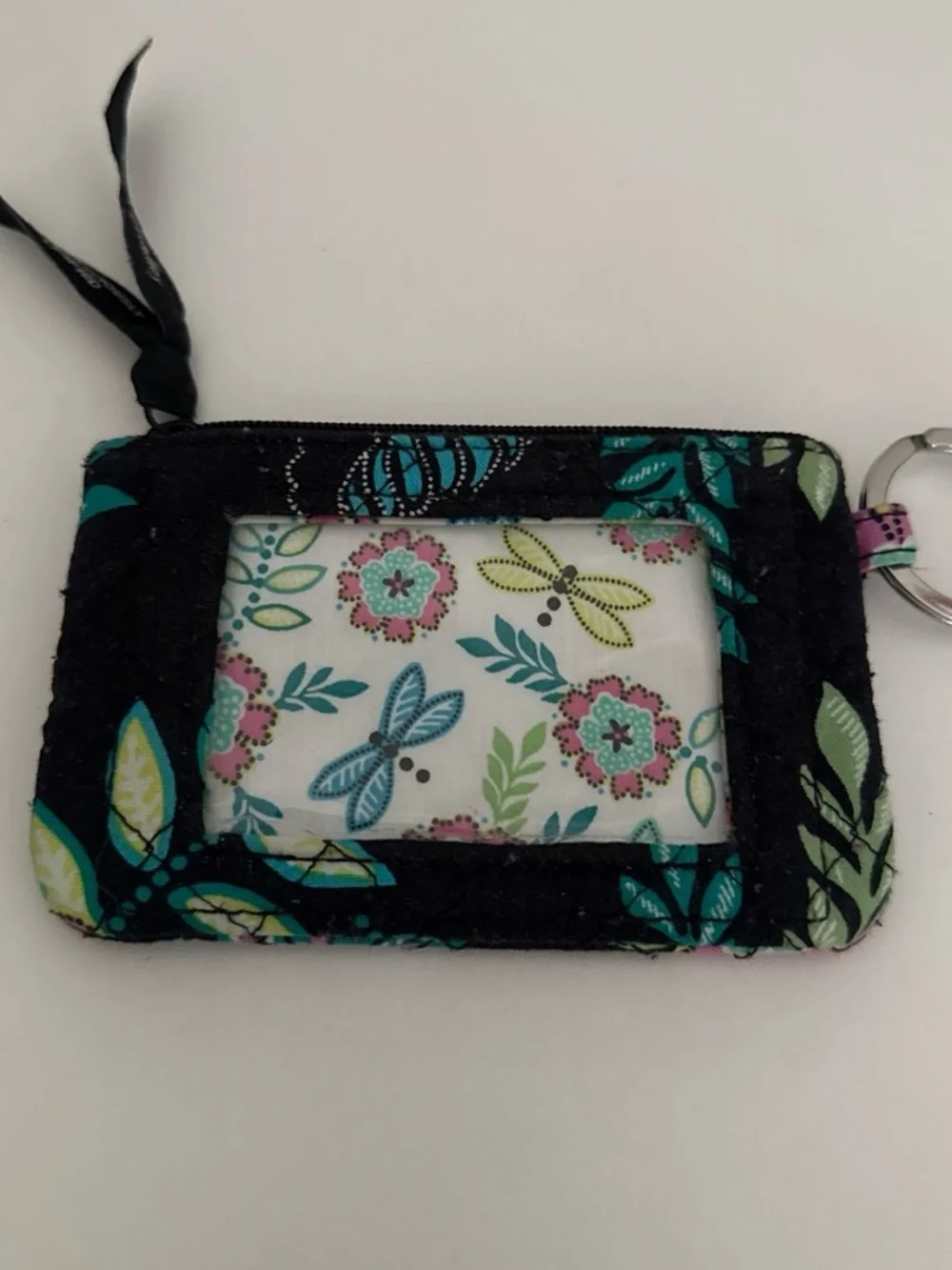 Vera Bradley Black Teal Floral Dragonfly ID Badge Holder with Key Ring